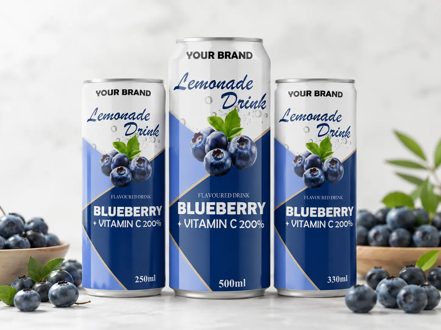 LEMONADE DRINK Blueberry flavored drink with Vitamin C 200% shown in 250ml, 500ml, and 330ml cans.